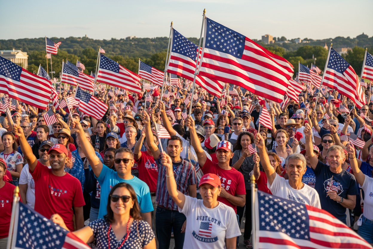 crowd holding up american flags